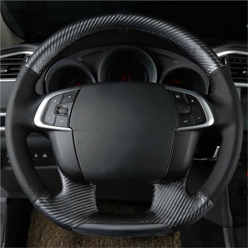 ASADF Lenkradhülle Für Citroen C4 DS4 2011-2015 Handgenähte Lenkradabdeckung Aus Kohlefaserleder Lenkradbezug Auto(Schwarz) von ASADF