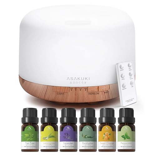 ASAKUKI 500mL Aroma Diffuser für ätherische öle, Enthält 6 ätherische Öle, Luftbefeuchter mit Timer, Automatische Abschaltung bei Wasserlosem Zustand, und 7 Arten LED Lichtfarben von ASAKUKI