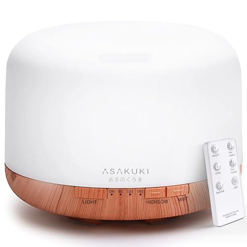 ASAKUKI Aroma Diffuser 500ML, Ultraschall Aromatherapie Diffusor für Ätherische Öle, Luftbefeuchter mit Fernbedienung, Automatische Abschaltung bei Wasserlosem Zustand, und 7 Arten LED Lichtfarben von ASAKUKI