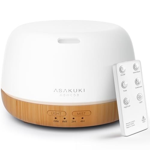 ASAKUKI Aroma Diffuser, 300ML Ultraschall Aromatherapie Diffusor für Ätherische Öle, Luftbefeuchter mit Fernbedienung, Automatische Abschaltung bei Wasserlosem Zustand, und 7 Arten LED Lichtfarben von ASAKUKI