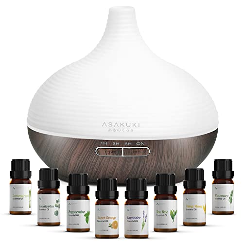 ASAKUKI Aroma Diffuser, 300ml Ultraschall Luftbefeuchter mit 8 * 10ml Ätherische Öle Set, Diffuser Ätherische Öle, 14-Farben-LED, 23dB Cool Mist Raumbefeuchter Schlafzimmer, Yoga, SPA, Zuhause von ASAKUKI