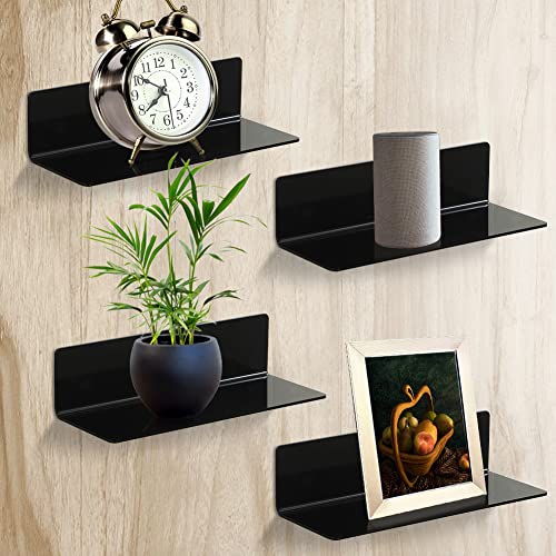 ASANMU Wandregal Schwarz, 4 Stück Regal ohne Bohren Einfaches Erweitern Wandfläche Acryl Regal Badezimmer Wandregal Schweberegal Hängeregal für Wohnzimmer Schlafzimmer Flur Küche Büro Spielzimmer von ASANMU