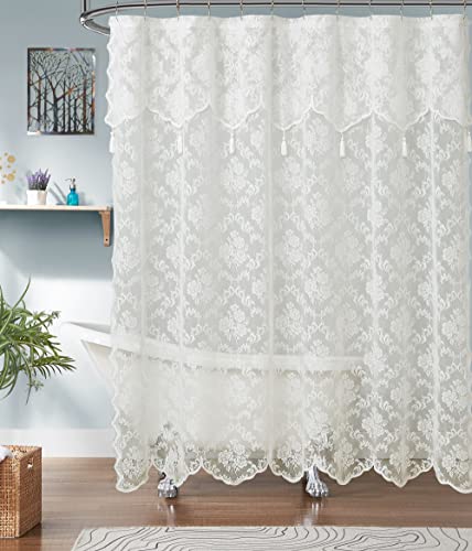 ASATEX Elfenbeinfarbener Duschvorhang mit Spitze, 183 x 213 cm, klassisches Blumendesign, Badvorhang mit angenähtem Volant und Quasten. Günstige Duschvorhänge lassen jedes Badezimmer gehoben aussehen. von ASATEX