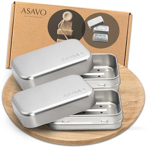 ASAVO 2 x Seifendose, Metall, Aluminum, mit herausnehmbaren Abropfgitter, rostfrei, Seifenschale zum Reisen, Seifenbox, Seifenbehälter, Blechdose, Metalldose, 2 Stück von ASAVO