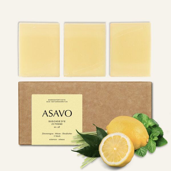 ASAVO 3 x Seife Zitrone no. 08 - BIO - Duschseife mit Zitronengras & Minze, 3 x 95 g ASAVO 3 x Seife Zitrone no. 08 - BIO - Duschseife mit Zitronengras & Minze, 3 x 95 g von ASAVO