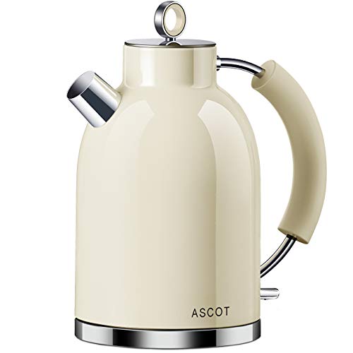 ASCOT Wasserkocher Edelstahl, Elektrischer Wasserkessel Geschenke für Männer/Frauen/Familie 1,5 liter Kabelloser Teekocher Trockengehschutz, Automatische Abschaltung (Creme) von ASCOT