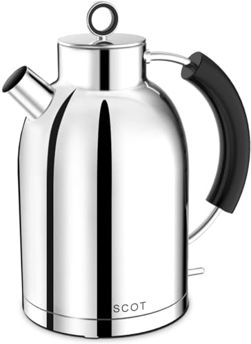ASCOT Wasserkocher Edelstahl, Elektrischer Wasserkessel Geschenke für Männer/Frauen/Familie 1,5 liter Retro Teekocher Trockengehschutz, Automatische Abschaltung (Silber poliert) von ASCOT