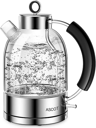 ASCOT Wasserkocher Glas, Elektrischer Wasserkocher Geschenke für Männer/Frauen/Familie 1,5L Schnellkochkessel, Trockengehschutz und automatische Abschaltung (Silber) von ASCOT