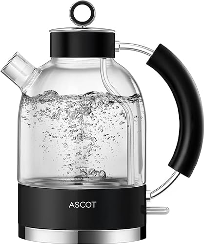 ASCOT Wasserkocher Glas, Elektrischer Wasserkocher Geschenke für Männer/Frauen 1,5L, Retro Leiser Schnellkochkessel, Trockengehschutz und automatische Abschaltung (Schwarz) von ASCOT