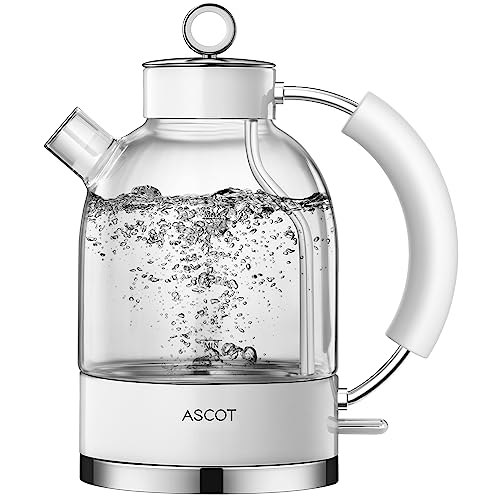 Wasserkocher Glas, ASCOT Elektrischer Wasserkocher Edelstahl, 2200W, 1,5L, BPA frei, leiser Schnellkochkessel, kabelloser Teekessel, Trockengehschutz und automatische Abschaltung von ASCOT