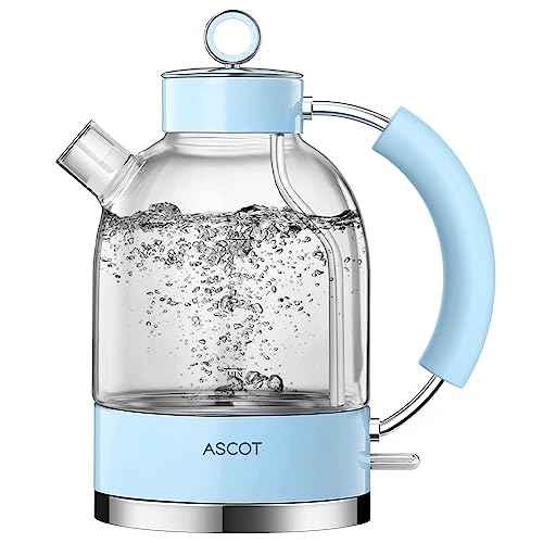 ASCOT Wasserkocher Glas, Elektrischer Wasserkocher Geschenke für Männer/Frauen/Familie 1,5L, Retro Leiser Schnellkochkessel, Trockengehschutz und automatische Abschaltung (Blau) von ASCOT