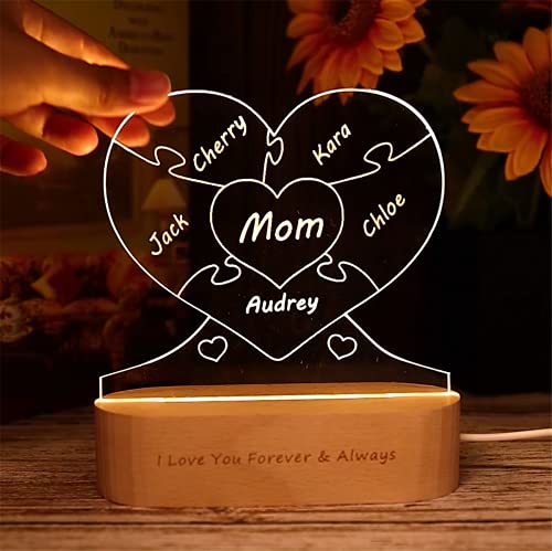 ASD Jewerly Personalisierte 3D-Lampe Benutzerdefinierter Name Herz-Puzzle mit 1-12 Familiennamen Acryl Nachtlicht mit Holzsockel, für Hochzeitstag Weihnachten Geburtstag Muttertag Vatertag von ASD Jewerly