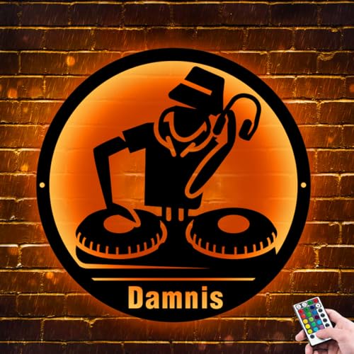 ASD Jewerly Personalisierte DJ-Disc-Musik-Wandkunst aus Metall, individueller Name DJ-Spieler, Raumdekor-Schild mit LED-Leuchten, DJ-Wandbehang-Dekor, Heimmusik-Club-Dekoration von ASD Jewerly