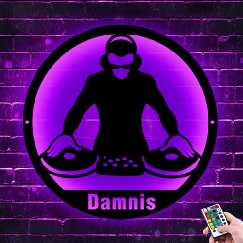 Personalisierte DJ-Disc-Musik-Wandkunst aus Metall, individueller Name DJ-Spieler, Raumdekor-Schild mit LED-Leuchten, DJ-Wandbehang-Dekor, Heimmusik-Club-Dekoration von ASD Jewerly