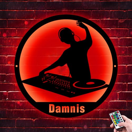 Personalisierte DJ-Disc-Musik-Wandkunst aus Metall, individueller Name DJ-Spieler, Raumdekor-Schild mit LED-Leuchten, DJ-Wandbehang-Dekor, Heimmusik-Club-Dekoration von ASD Jewerly