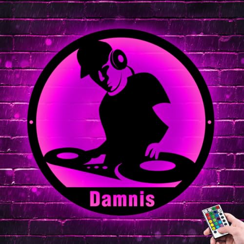 Personalisierte DJ-Disc-Musik-Wandkunst aus Metall, individueller Name DJ-Spieler, Raumdekor-Schild mit LED-Leuchten, DJ-Wandbehang-Dekor, Heimmusik-Club-Dekoration von ASD Jewerly