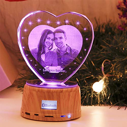 Personalisiertes Herz Nachtlicht 3D Kristalllampe Benutzerdefiniertes Foto Bild Graviert Led Light 7 Farbe mit Bluetooth Holzbasis Personalisiertes Geschenk für Frauen Familiendekoration von ASD Jewerly