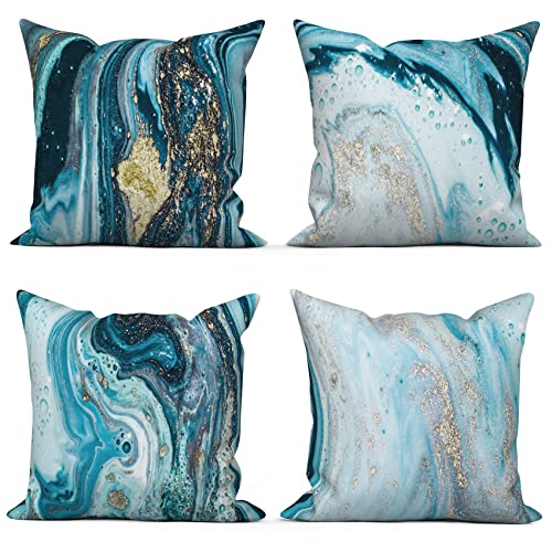 ASDCXZ 4er Set Marmor Kissenbezug 45x45 cm, Modern Leichter Luxus Gold Blau Sternenhimmel Textur Sofa Dekokissen Kissenbezüge Kissenhülle Waschbar Polyester Flachs Textil Polster Kopfkissenbezug von ASDCXZ