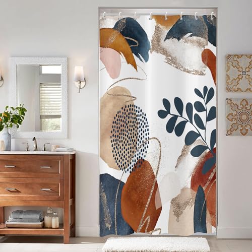 ASDCXZ Boho Duschvorhang 120x180 cm, Moderne Abstrakt Kunst Dunkelblau Blätter Braun Beige Graffiti Bad Waschbar Duschvorhang Polyester Textil Wasserdicht Duschvorhänge für Badewanne mit 8 Haken von ASDCXZ