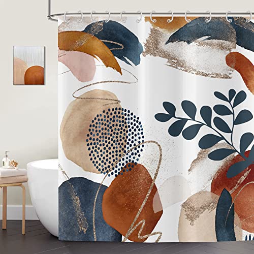 ASDCXZ Boho Duschvorhang 150x180 cm, Moderne Abstrakt Kunst Dunkelblau Blätter Braun Beige Graffiti Bad Waschbar Duschvorhang Polyester Textil Wasserdicht Duschvorhänge für Badewanne mit 12 Haken von ASDCXZ