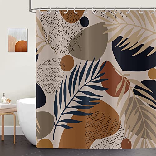 ASDCXZ Abstract Blätter Duschvorhang 150x180 cm, Mid Century Boho Palm Braun Minimalist Bad Duschvorhange Waschbare Polyester Textil wasserdichte Duschvorhang für Badewanne mit 12 Duschvorhang Haken von ASDCXZ