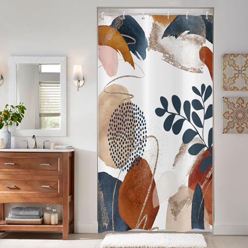 ASDCXZ Boho Duschvorhang 90x180 cm, Moderne Abstrakt Kunst Dunkelblau Blätter Braun Beige Graffiti Bad Waschbar Duschvorhang Polyester Textil Wasserdicht Duschvorhänge für Badewanne mit 6 Haken von ASDCXZ