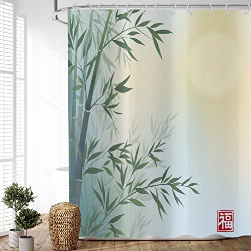 ASDCXZ Bambus Duschvorhang 240x180 cm (BxL), Asiatische Chinesische Malerei Grün Bambus Segen Spa Waschbar Duschvorhänge Polyester Textil Wasserdicht Duschvorhang für Badewanne mit 12 Haken von ASDCXZ