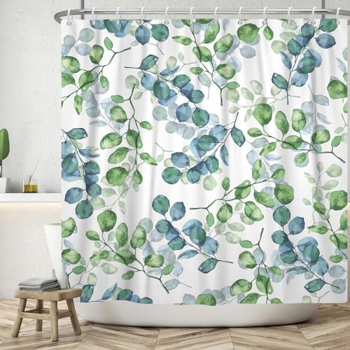 ASDCXZ Blätter Duschvorhang 180x180 cm, Frühling Aquarell Blau Grün Eukalyptusblätter Weiß Bad Waschbar Duschvorhänge Polyester Textil Wasserdicht Badevorhang für Badewanne mit 12 Haken von ASDCXZ