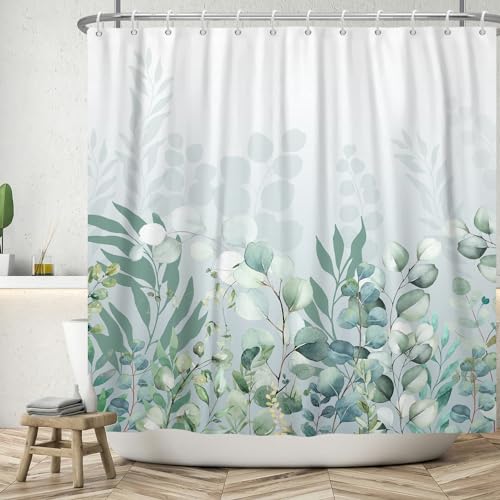 ASDCXZ Blätter Duschvorhang 180x180 cm, Frühling Einfachheit Grün Blau Eukalyptusblätter Weiß Bad Waschbar Duschvorhänge Polyester Textil Wasserdicht Badevorhang für Badewanne mit 12 Haken von ASDCXZ