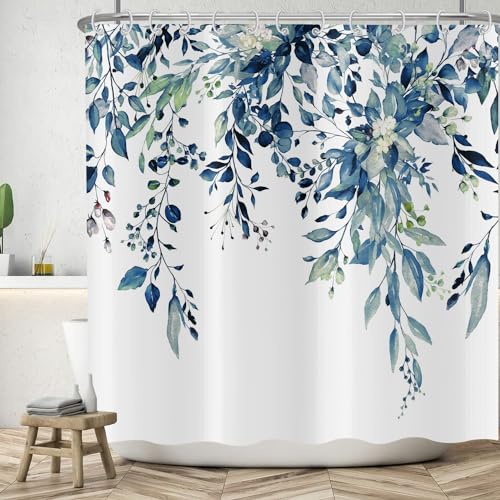 ASDCXZ Blätter Duschvorhang 180x180 cm, Frühling Einfachheit Handgemalt Blau Blätter Weiß Bad Waschbar Duschvorhänge Polyester Textil Wasserdicht Badevorhang für Badewanne mit 12 Haken von ASDCXZ