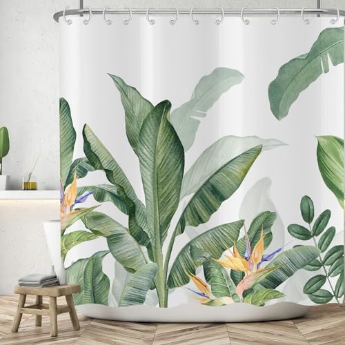 ASDCXZ Blätter Duschvorhang 180x180 cm, Frühling Einfachheit Tropical Grün Gelb Lila Blätter Weiß Bad Waschbar Duschvorhänge Polyester Textil Wasserdicht Badevorhang für Badewanne mit 12 Haken von ASDCXZ