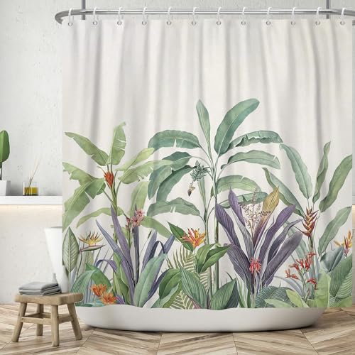 ASDCXZ Blätter Duschvorhang 180x180 cm, Modern Grün Lila Blätter Tropischer Pflanzen Rosa Rot Blumen Waschbar Bad Duschvorhänge Polyester Textil Wasserdicht Duschvorhang für Badewanne mit 12 Haken von ASDCXZ