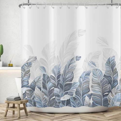 ASDCXZ Blätter Duschvorhang 180x200 cm, Frühling Einfachheit Blau Grey Tropical Blätter Weiß Bad Waschbar Duschvorhänge Polyester Textil Wasserdicht Badevorhang für Badewanne mit 12 Haken von ASDCXZ