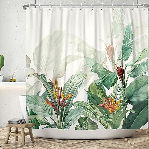 ASDCXZ Blätter Duschvorhang 180x200 cm, Handgemalt Tropisch Grün Blätter Rot Gelb Blumen Weiß Bad Waschbar Duschvorhänge Polyester Textil Wasserdicht Badevorhang für Badewanne mit 12 Haken von ASDCXZ