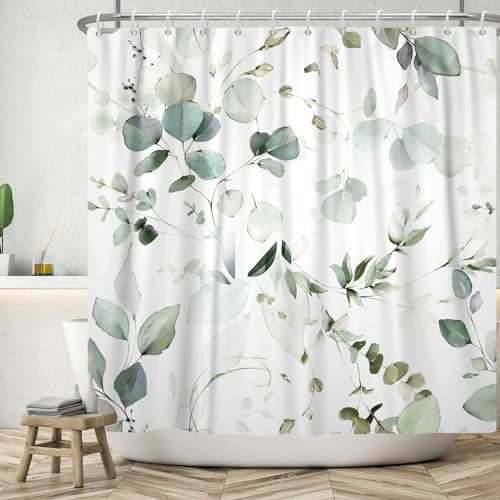 ASDCXZ Blätter Duschvorhang 240x180 cm, Frühling Handgemalt Einfachheit Grün Eukalyptusblätter Weiß Bad Waschbar Duschvorhänge Polyester Textil Wasserdicht Badevorhang für Badewanne mit 12 Haken von ASDCXZ