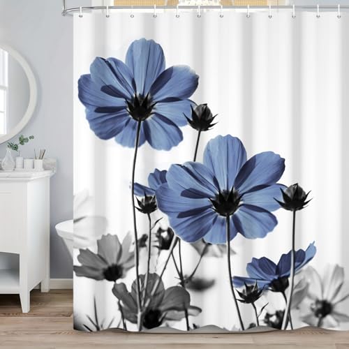 ASDCXZ Blau Blumen Duschvorhang 180x180 cm, Aquarell Blau Grau Gänseblümchen Blume Rustikal Bauernhaus Wasserdicht Badvorhang Polyester Textil Waschbar Duschvorhänge für Badewanne mit 12 Haken von ASDCXZ