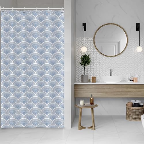 ASDCXZ Blau Duschvorhang 120x200 cm, Modern Geometrie Regel Boho Blau Blumen Muster Weiß Bad Waschbar Schmal Duschvorhänge Polyester Textil Wasserdicht Duschvorhang für Badewanne mit 8 Haken von ASDCXZ