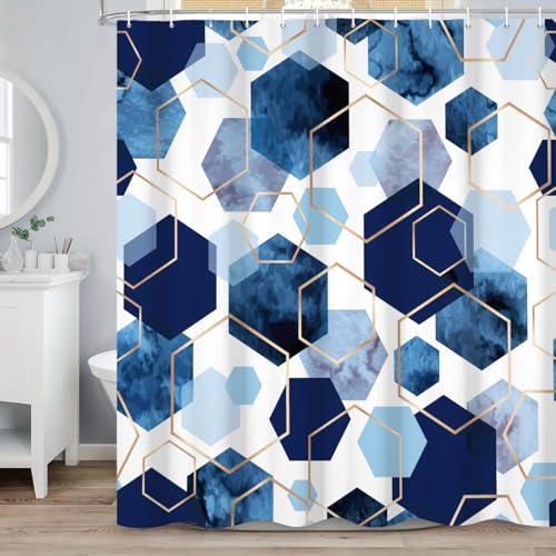 ASDCXZ Blau Duschvorhang 180x200 cm, Moderne Abstrakt Kunst Geometrisch Blau Gold Hexagon Muster Wasserdicht Badvorhang Polyester Textil Waschbar Duschvorhänge für Badewanne mit 12 Haken von ASDCXZ