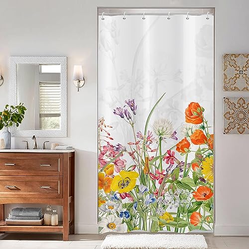 ASDCXZ Blume Duschvorhang 90x180 cm, Frühling Lila Gelb Orange Blau Rose Blumen Blätter Bad Waschbar Schmal Duschvorhänge mit ösen Polyester Textil Wasserdicht Duschvorhang für Badewanne mit 6 Haken von ASDCXZ