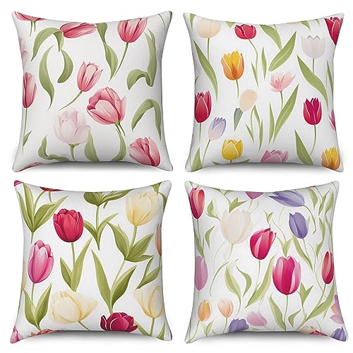 ASDCXZ Blume Kissenbezug 40x40 cm 4er Set, Frisch Rose Lila Gelb Blume Blätter Sofa Dekokissen Kissenbezüge Kissenhülle Waschbar Polyester Flachs Textil Outdoor Polster Kopfkissenbezug Kissen Bezug von ASDCXZ