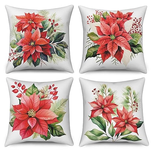 ASDCXZ Blume Kissenbezug 40x40 cm 4er Set, Handgemalt Rot Blume Grün Blätter Sofa Dekokissen Kissenbezüge Kissenhülle Waschbar Polyester Flachs Textil Outdoor Polster Kopfkissenbezug Kissen Bezug von ASDCXZ