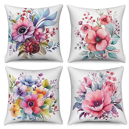 ASDCXZ Blume Kissenbezug 45x45 cm 4er Set, Handgemalt Bunt Blume Grün Blätter Sofa Dekokissen Kissenbezüge Kissenhülle Waschbar Polyester Flachs Textil Outdoor Polster Kopfkissenbezug Kissen Bezug von ASDCXZ