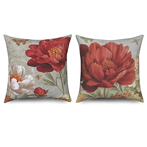 ASDCXZ Blume Kissenbezug 50x50 cm 2er Set, Frühling Retro Rot Weiß Blume Sofa Kissen Bezug Dekokissen Kissenbezüge Kissenhülle Waschbar Polyester Flachs Textil Outdoor Polster Kopfkissenbezug von ASDCXZ