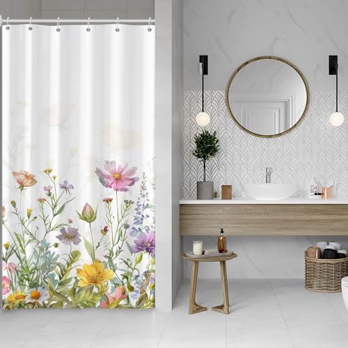 ASDCXZ Blumen Duschvorhang 120x180 cm, Frühling Rose Gelb Lila Bunt Blumen Grün Blätter Weiß Bad Waschbar Schmal Duschvorhänge Polyester Textil Wasserdicht Duschvorhang für Badewanne mit 8 Haken von ASDCXZ