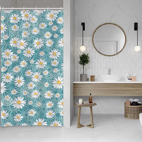 ASDCXZ Blumen Duschvorhang 120x180 cm, Frühling Sommer Weiß Gelb Daisy Blumen Blau Bad Waschbar Schmal Duschvorhänge Polyester Textil Wasserdicht Duschvorhang für Badewanne mit 8 Haken von ASDCXZ