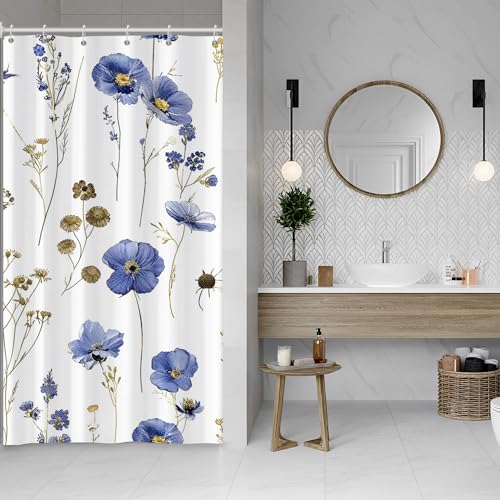 ASDCXZ Blumen Duschvorhang 120x200 cm, Frühling Aquarell Blau Blumen Pflanzen Weiß Bad Waschbar Schmal Duschvorhänge Polyester Textil Wasserdicht Duschvorhang für Badewanne mit 8 Haken von ASDCXZ