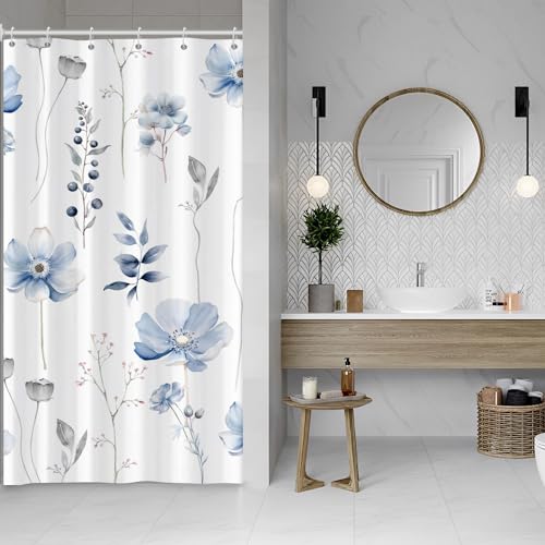 ASDCXZ Blumen Duschvorhang 120x200 cm, Frühling Aquarell Blau Grau Blumen Blätter Pflanzen Weiß Bad Waschbar Schmal Duschvorhänge Polyester Textil Wasserdicht Duschvorhang für Badewanne mit 8 Haken von ASDCXZ