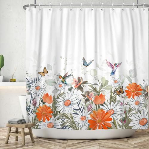 ASDCXZ Blumen Duschvorhang 120x200 cm, Frühling Orange Weiß Blumen Grün Blätter Bunt Schmetterling Vogel Bad Waschbar Duschvorhänge Polyester Textil Wasserdicht Badevorhang für Badewanne mit 8 Haken von ASDCXZ