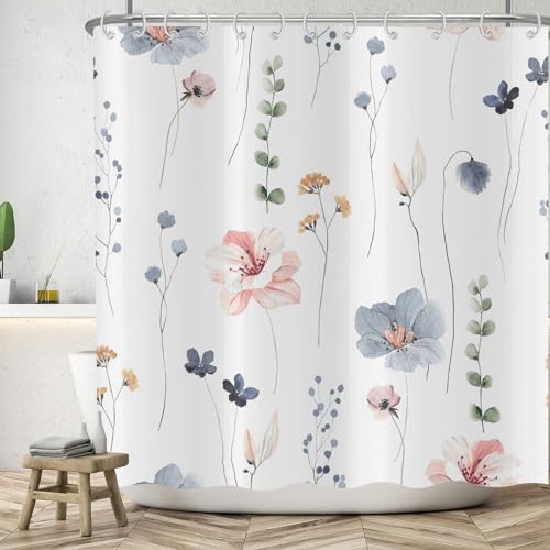 ASDCXZ Blumen Duschvorhang 150x180 cm, Frühling Handgemalt Rose Blau Gelb Blumen Grün Blätter Weiß Bad Waschbar Duschvorhänge Polyester Textil Wasserdicht Badevorhang für Badewanne mit 12 Haken von ASDCXZ