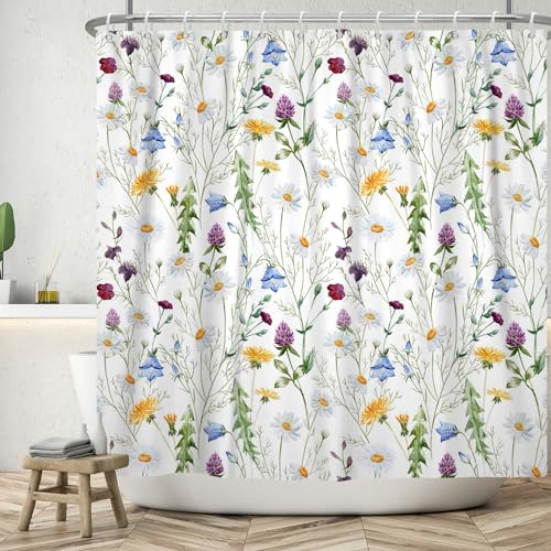 ASDCXZ Blumen Duschvorhang 180x180 cm, Frühling Blau Gelb Lila Weiß Bunt Blumen Grün Blätter Bad Waschbar Duschvorhänge Polyester Textil Wasserdicht Badevorhang für Badewanne mit 12 Haken von ASDCXZ